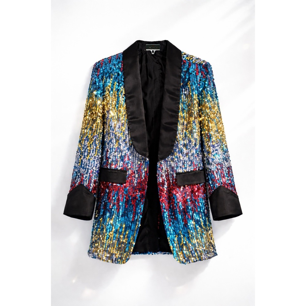 CloudStyle Multicolor Sequin Tuxedo Mid Length Jacket Stage Clubwear Performance